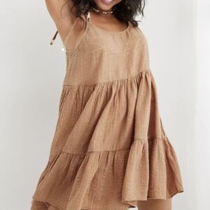 Aerie Women's Beach Resortwear Brown Golden Striped Tiered Mini Dress Size XS